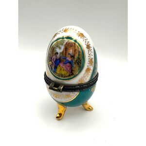 Vintage Vecceli Style Porcelain Egg Trinket Box Green Gold  5inch Limoges